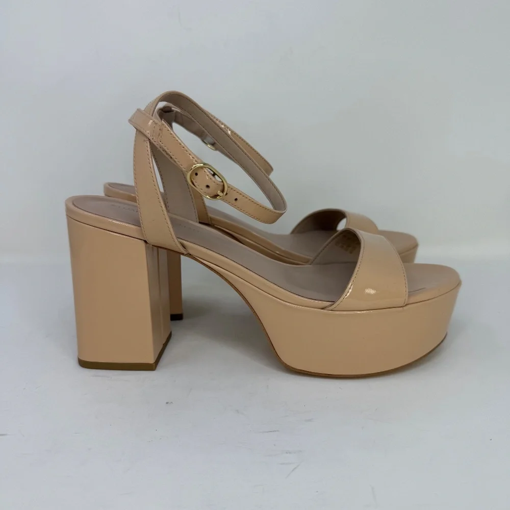 New Stuart Weitzman Gala Patent Leather Sandals Golden Beige Sz 9